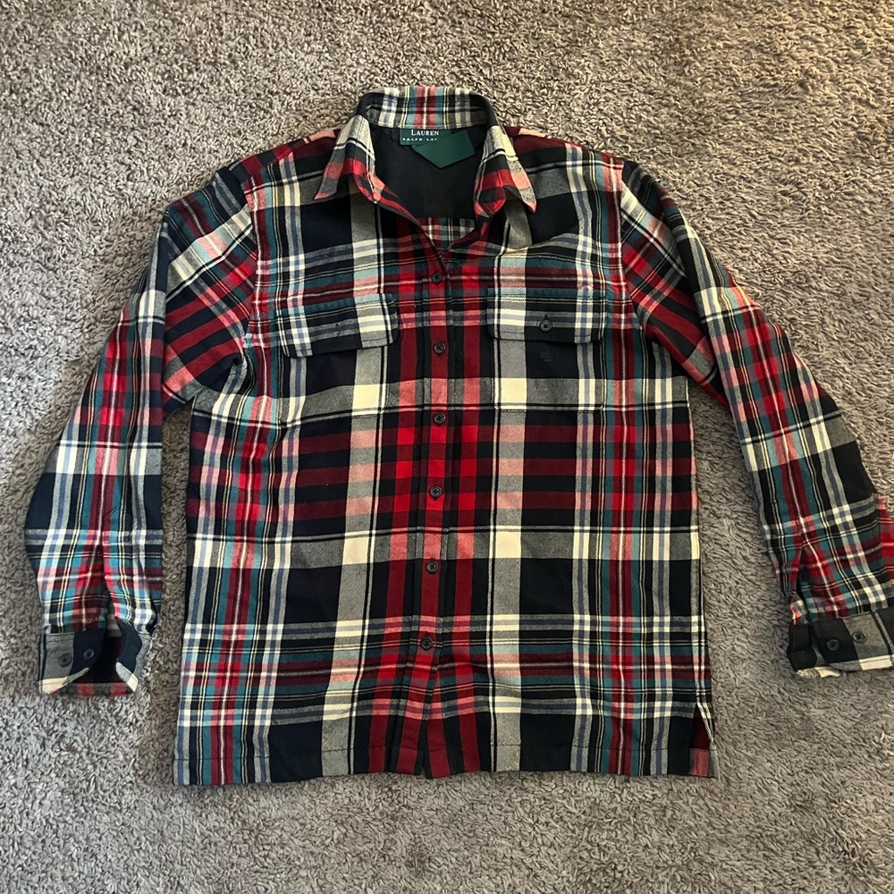 Ralph Lauren Women's Red and Black Plaid Button Down Shirt